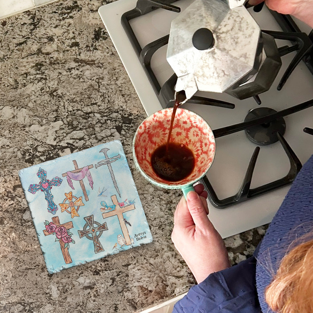 Christian Watercolor Crosses Tumbled Edge Stone Trivet