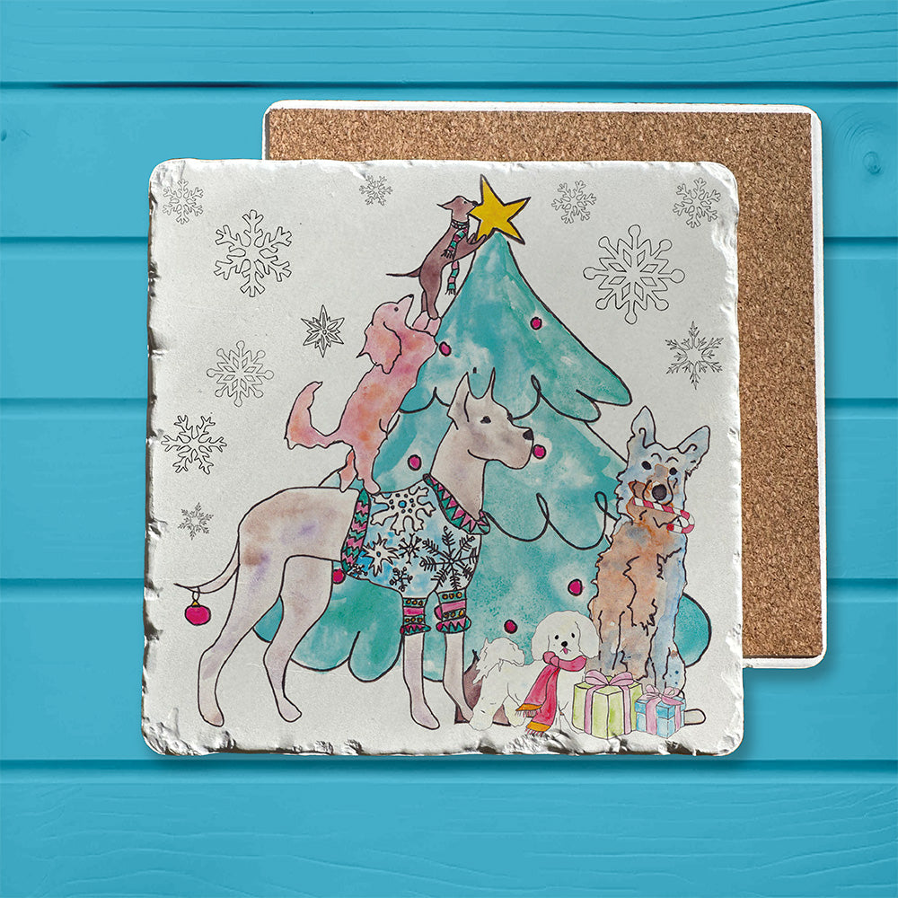 Dogs & Christmas Tree Tumbled Trivet – Tail-Wagging Holiday