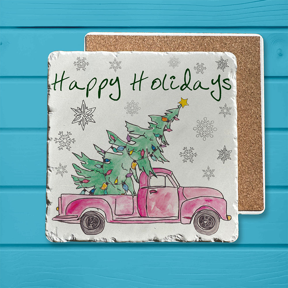 Pickup Truck & Christmas Tree Happy Holidays Tumbled Trivet