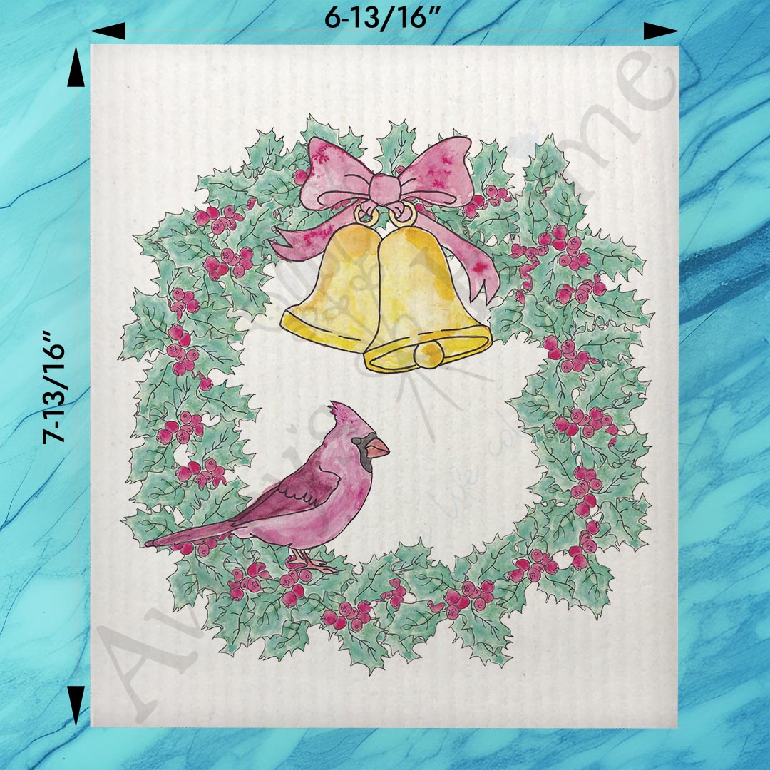 Cardinal Christmas Wreath Swedish Dishcloth – Classic Seasonal Symbol