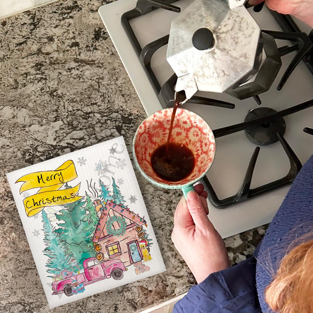 Christmas Cabin Swedish Dishcloth – Dog, Santa & Cozy Snowfall