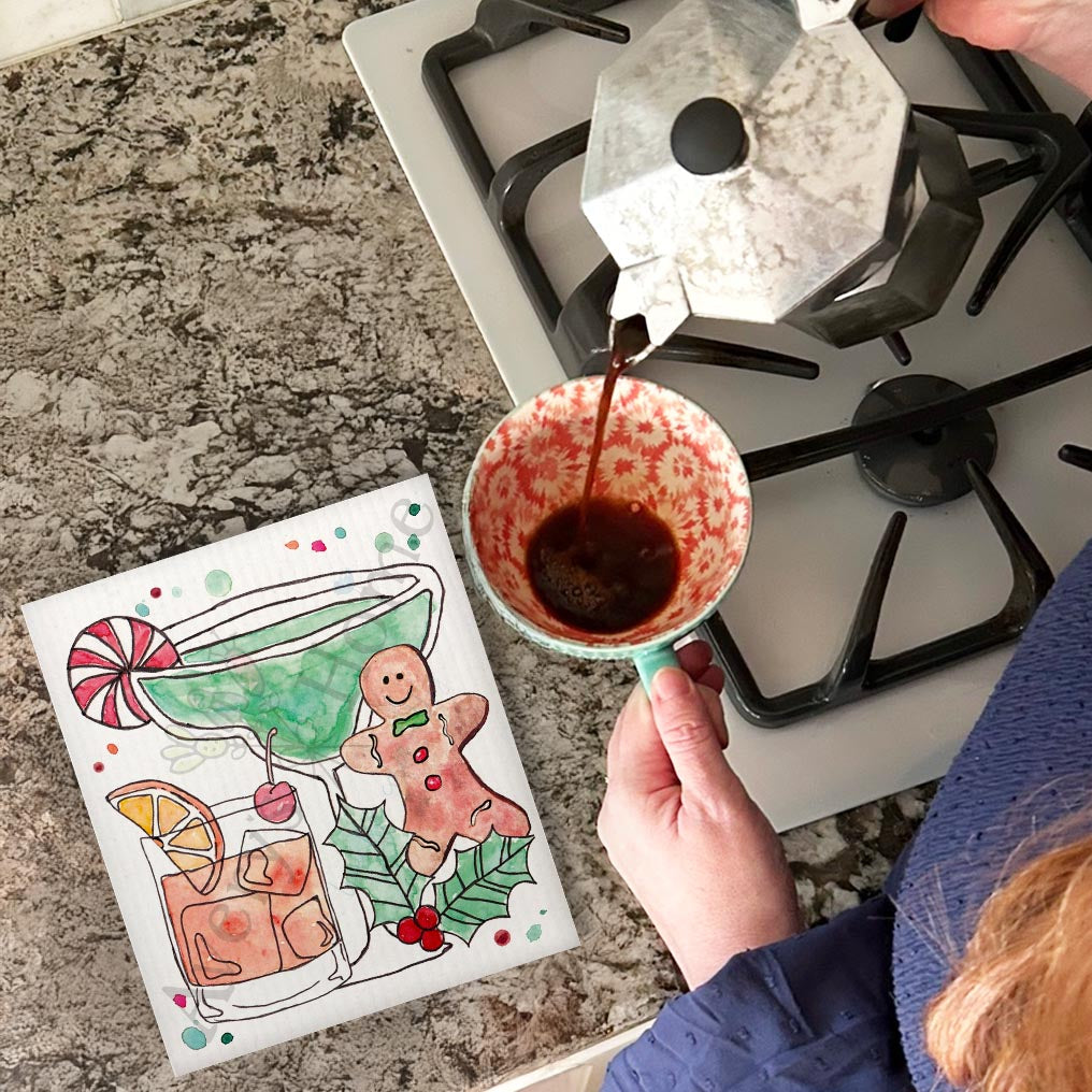 Making Spirits Bright Swedish Dishcloth – Holiday Cocktail Cheer