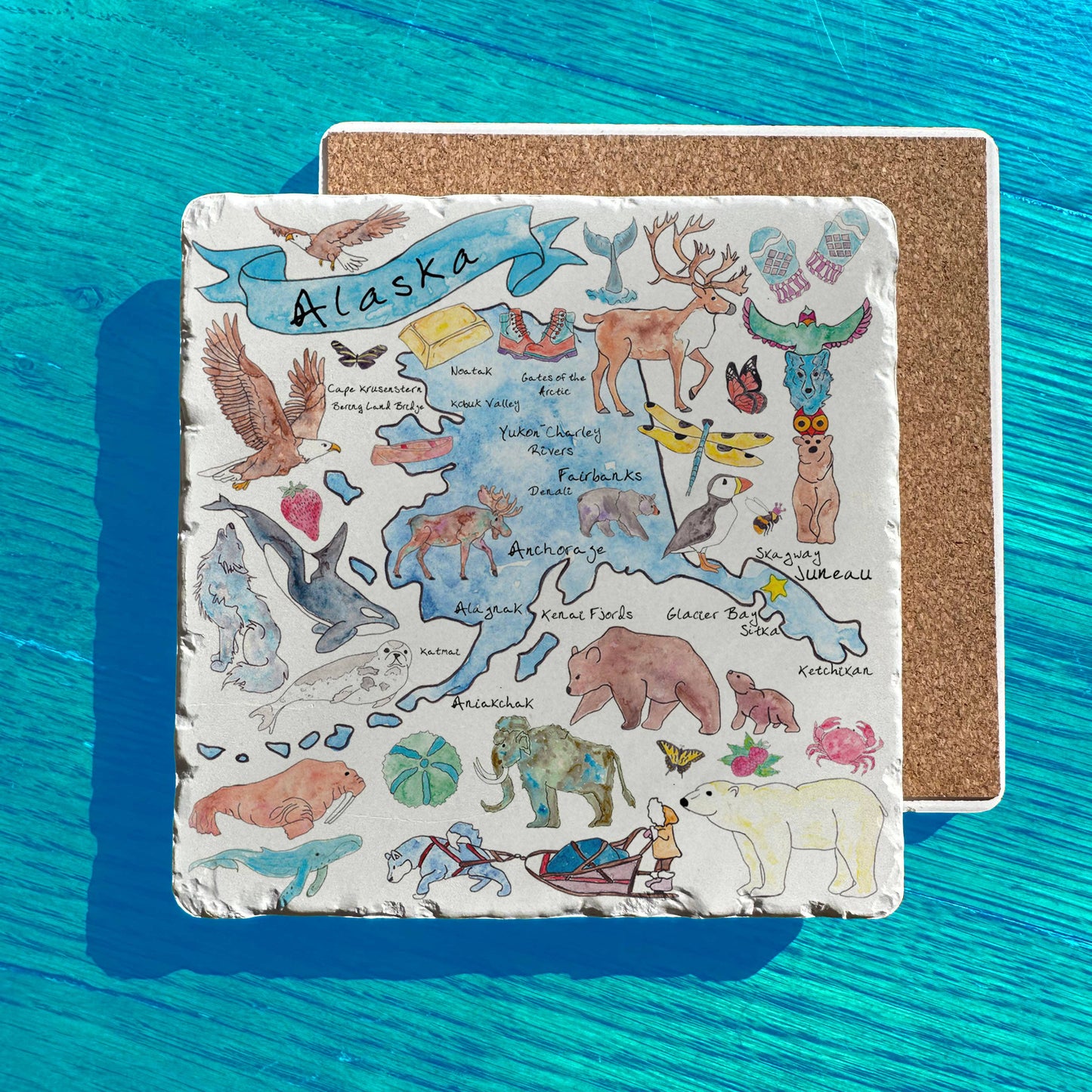 Alaska State Icons Map Tumbled Stone Trivet