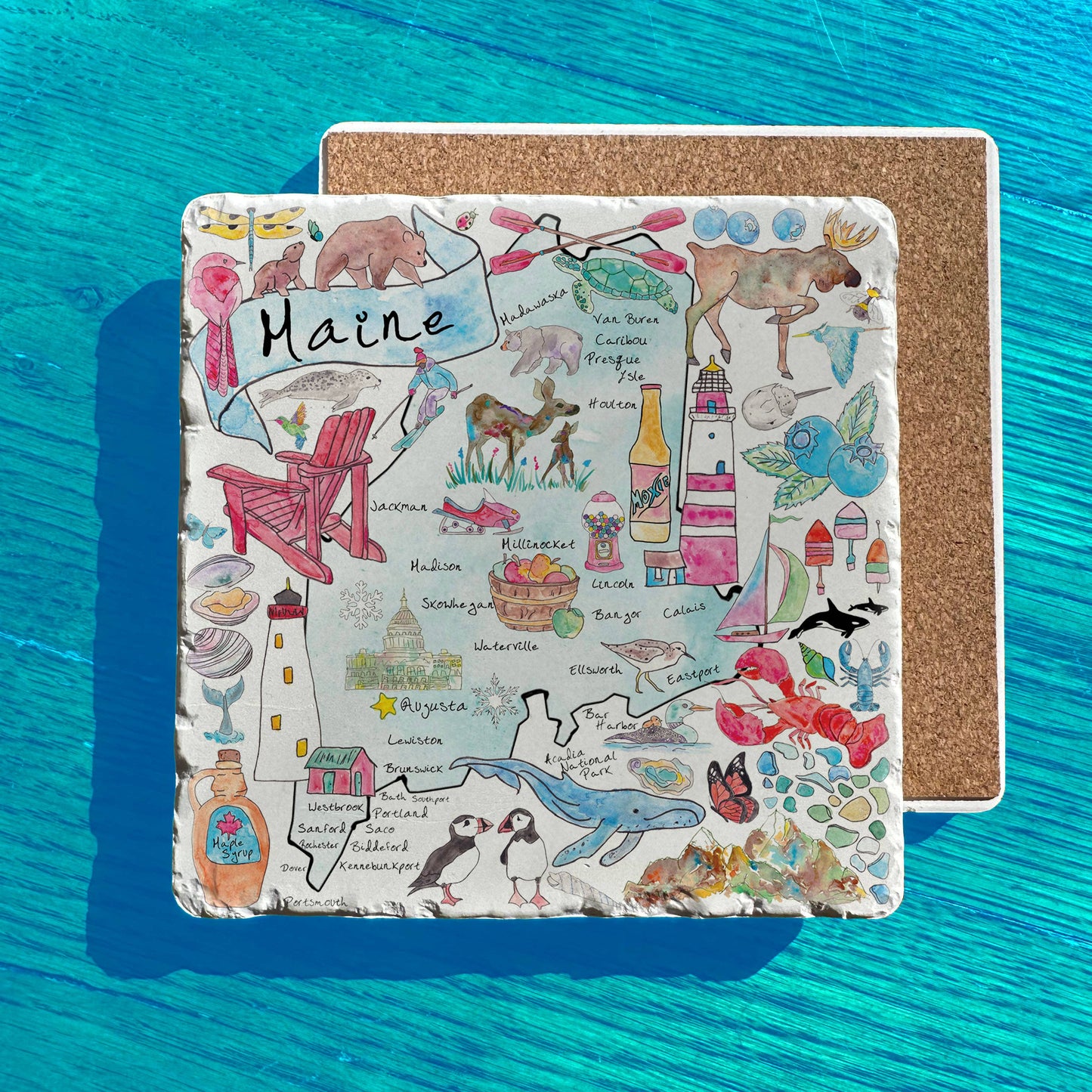 Maine State Icons Map Tumbled Stone Trivet