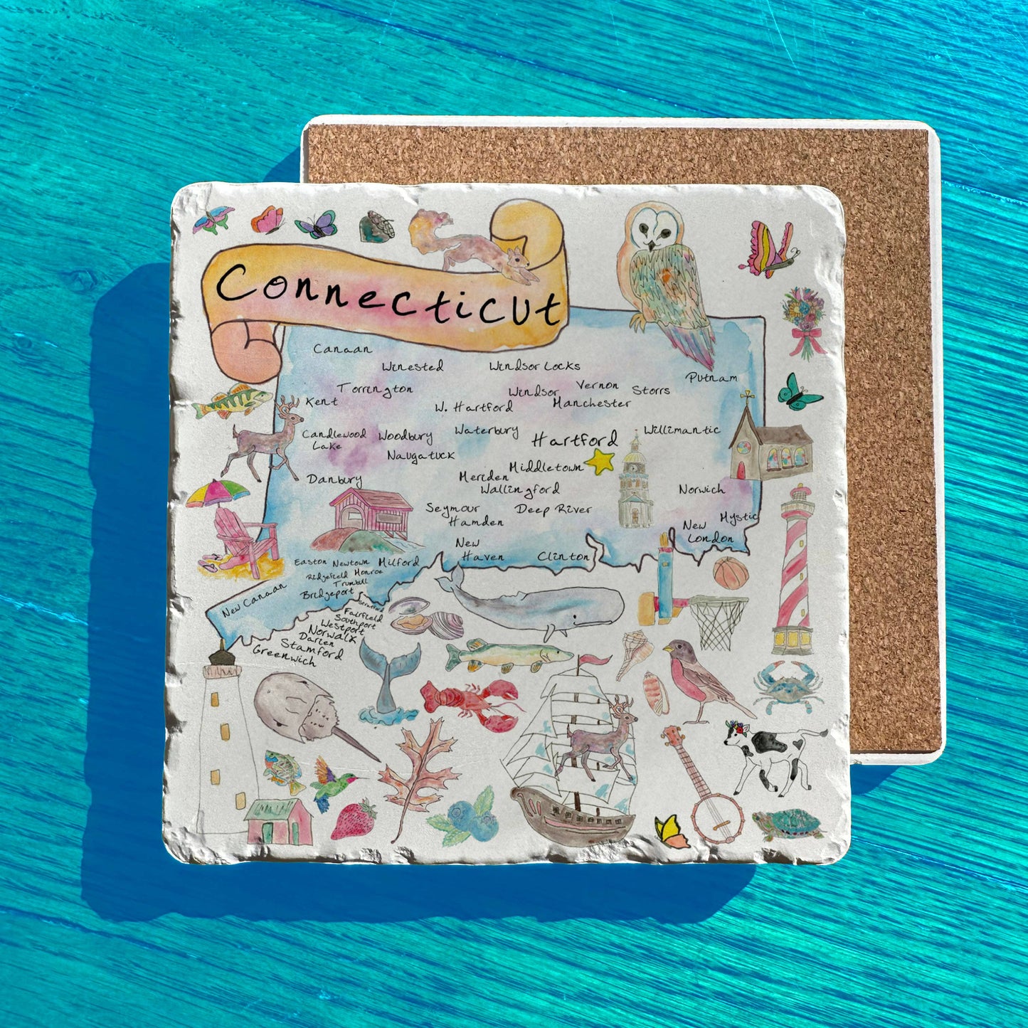 Connecticut State Icon Map Watercolor Tumbled Stone Trivet