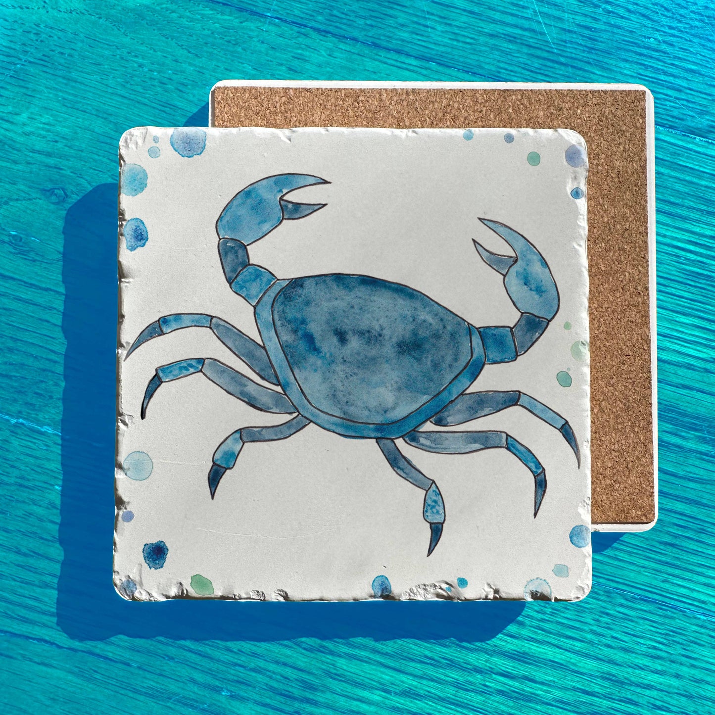 Blue Stone Crab Watercolor Art Tumbled Edge Stone Trivet