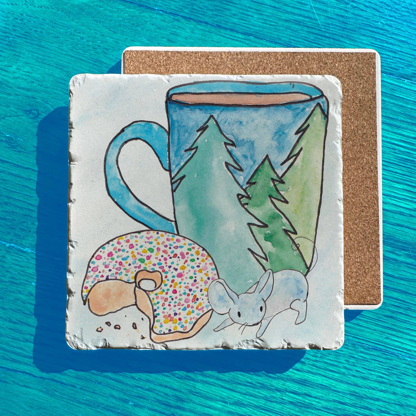 Forest Coffee Cup Donut Mouse Art Tumbled Edge Stone Trivet