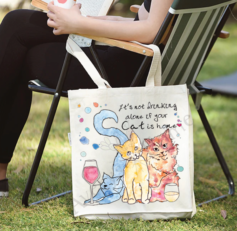 Cats & Wine Eco Friendly Organic Cotton Large Tote Bag