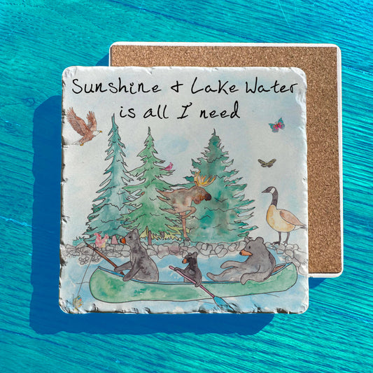 Sunshine & Lake Water Bear Canoe Tumbled Edge Stone Trivet