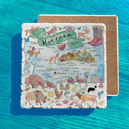 Montana State Icon Map Watercolor Tumbled Edge Stone Trivet