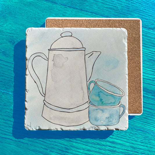 Tin Camping Coffee Pot Cups Art Tumbled Edge Stone Trivet