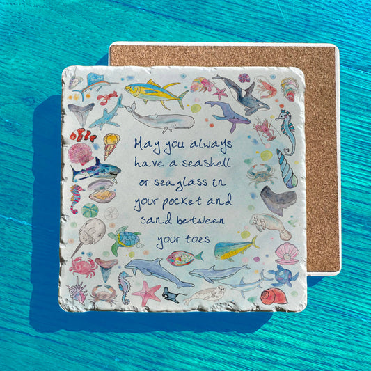 Ocean Life Beach Blessing  Art Tumbled Edge Stone Trivet
