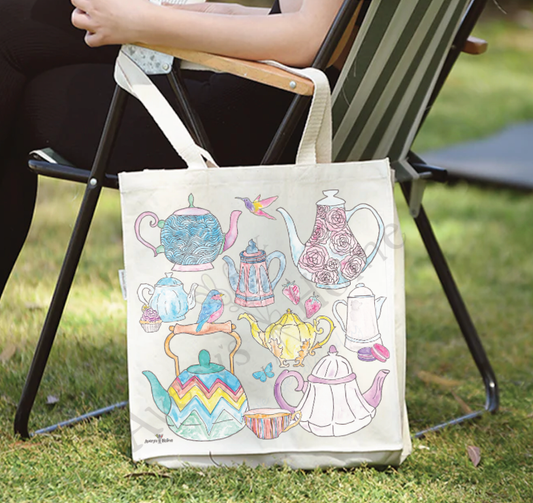 Tea Pots & Birds Eco Friendly Organic Cotton Large Tote Bag