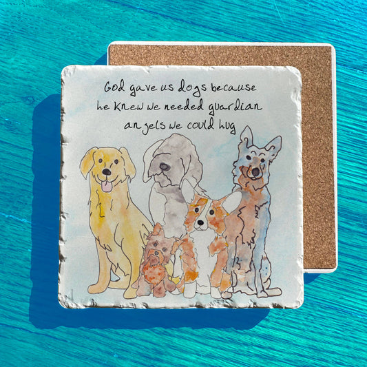 Guardian Angels Dog Watercolor Art Tumbled Edge Stone Trivet