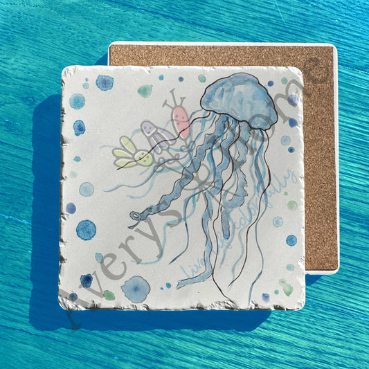 Blue Coastal Watercolor Jellyfish Art Tumbled Stone Trivet