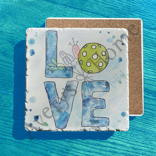 LOVE Pickleball Watercolor Art Tumbled Stone Trivet