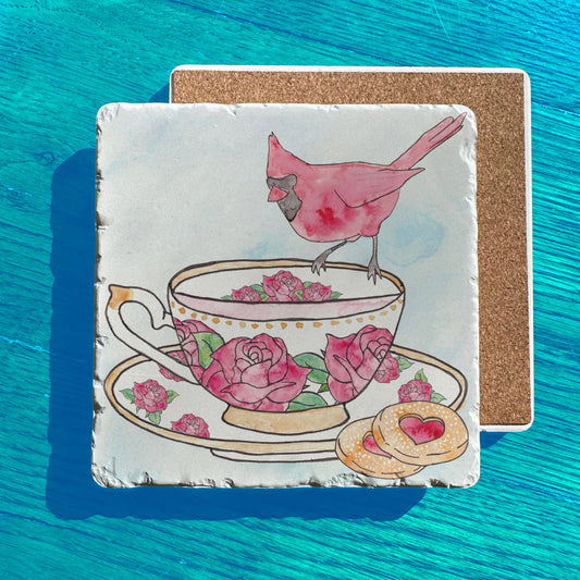 Cardinal Rose Tea Cup Party Spring Tumbled Edge Stone Trivet