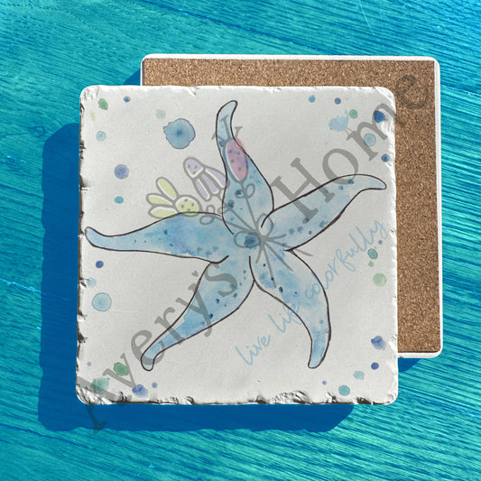 Blue Starfish Beach Watercolor Art Tumbled Stone Trivet