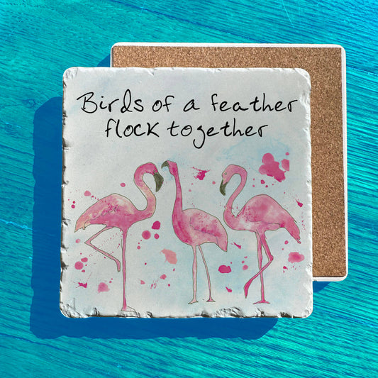Birds of a Feather Flamingo Tumbled Edge Stone Trivet