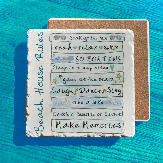 Beach House Rules Watercolor Art Tumbled Edge Stone Trivet