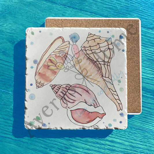 Scotch Bonnet Lightning Whelk Seashells Tumbled Stone Trivet