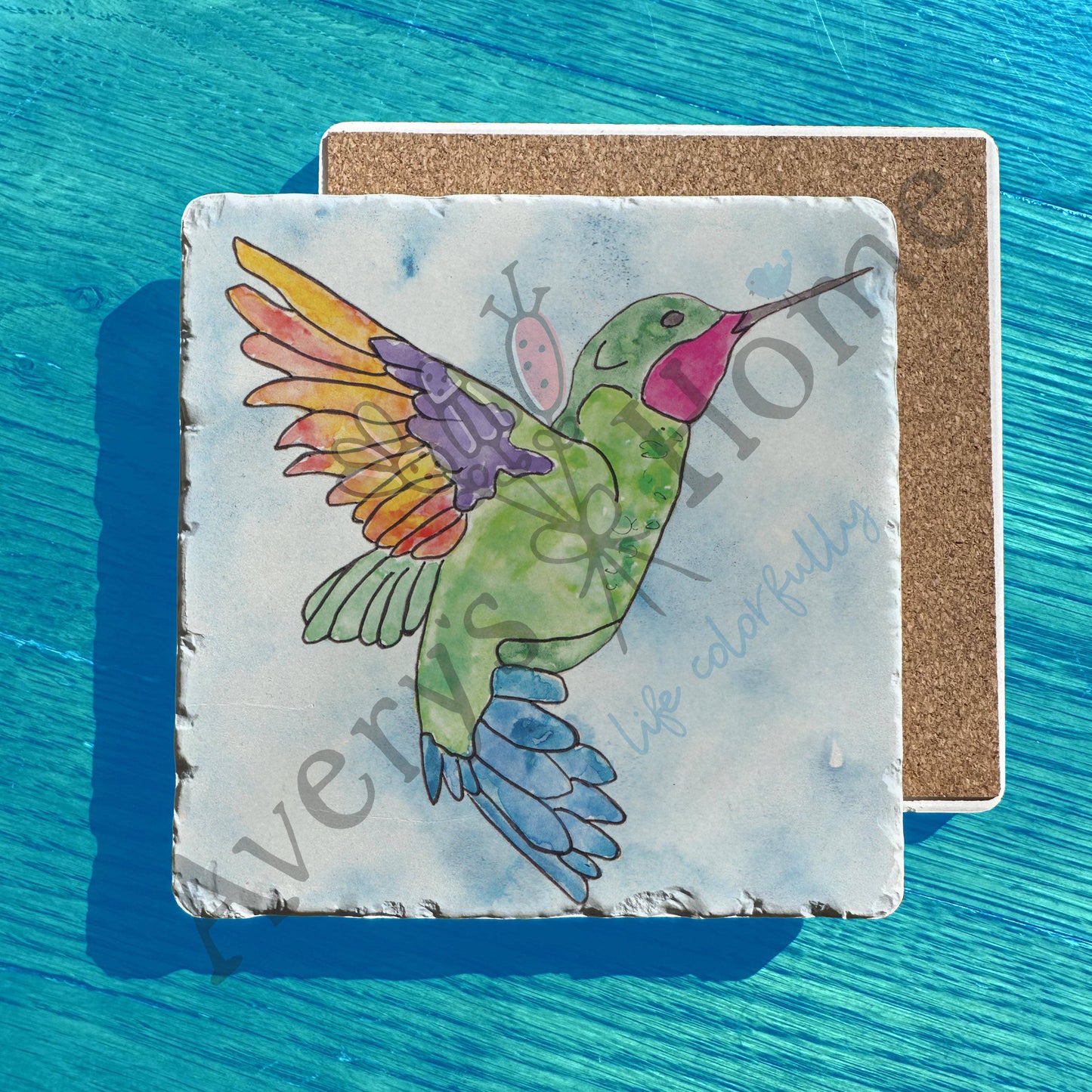 Ruby-Throated Hummingbird Watercolor Tumbled Stone Trivet