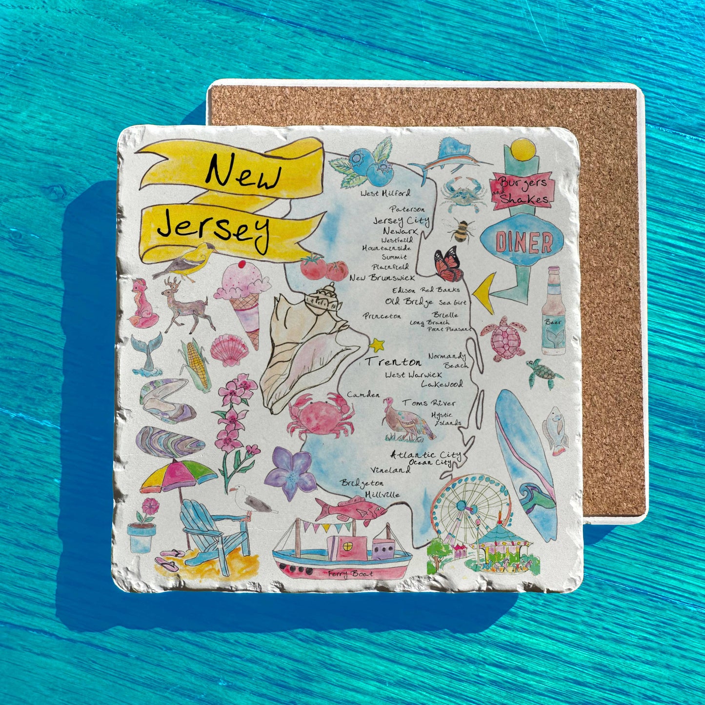 New Jersey State Icon Map Watercolor Tumbled Stone Trivet
