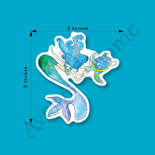 Mermaid & Sea Turtle Art Permanent 3" Vinyl Die-Cut Sticker