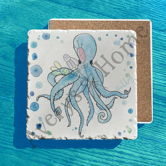 Blue Coastal Watercolor Octopus Art Tumbled Stone Trivet