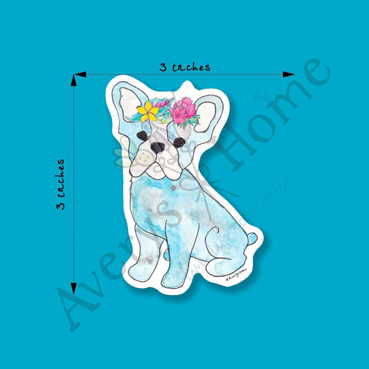 Flower Crown Frenchie Art Permanent 3" Vinyl Die-Cut Sticker