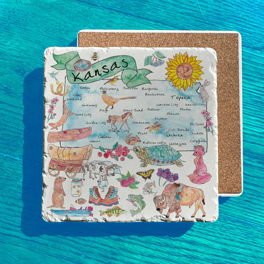 Kansas State Icon Map Watercolor Tumbled Edge Stone Trivet