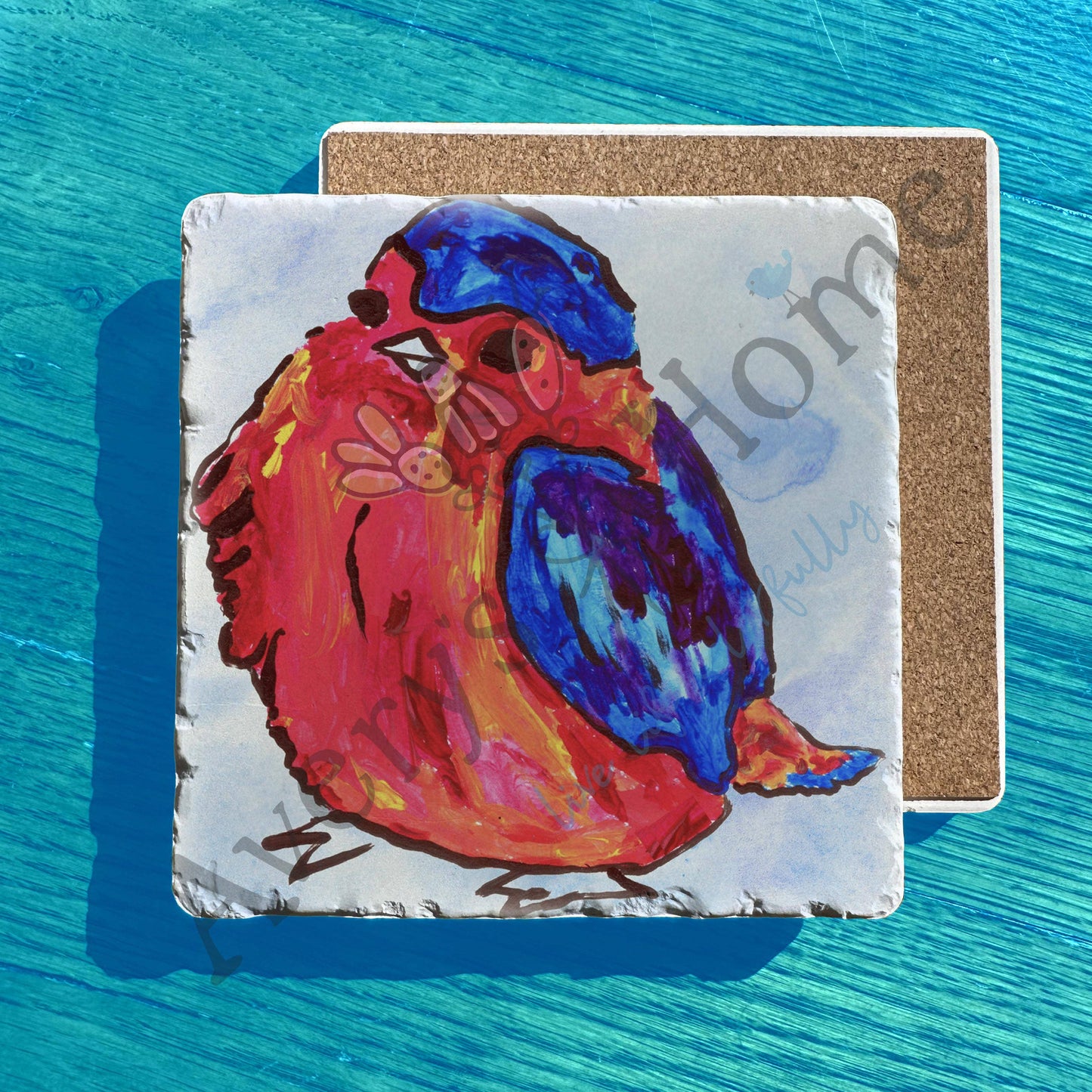 Life is Beautiful Red Blue Bird Tumbled Stone Trivet