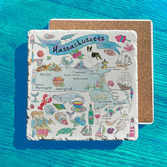 Massachusetts State Icon Map Watercolor Tumbled Stone Trivet