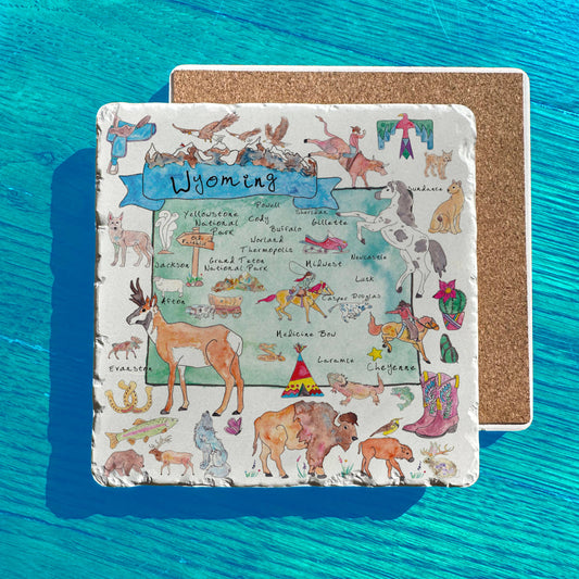 Wyoming State Icon Map Watercolor Tumbled Edge Stone Trivet