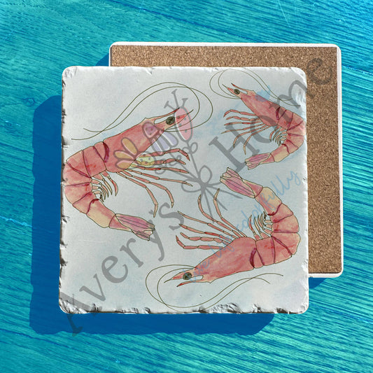 Shrimp Coastal Watercolor Art Tumbled Stone Trivet