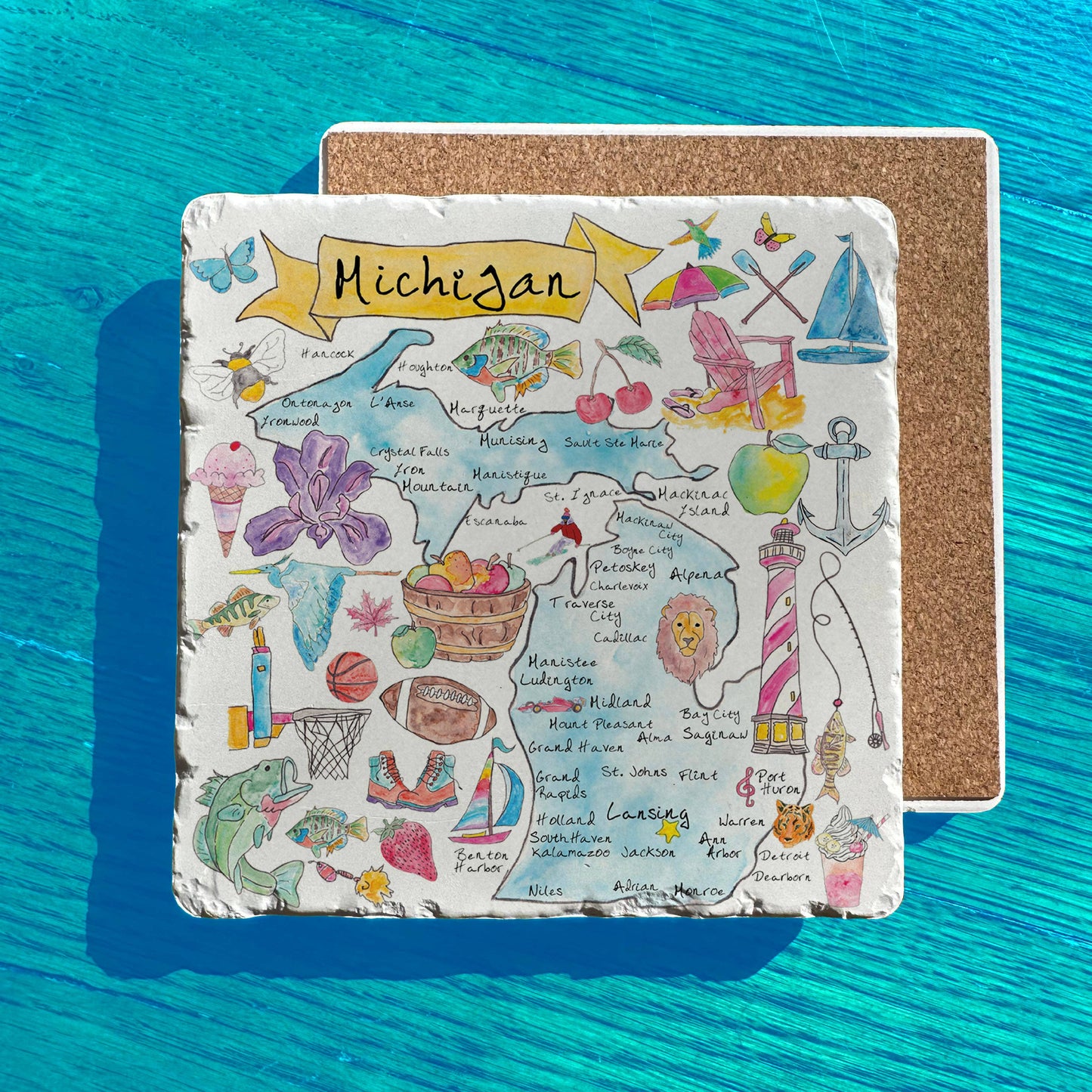 Michigan State Icons Map Tumbled Stone Trivet