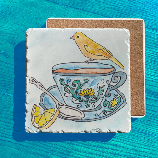 Tea Cup Party Yellow Bird Watercolor Tumbled Stone Trivet