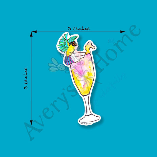 Bird on a Champagne Glass Art 3" White Vinyl Die-Cut Sticker