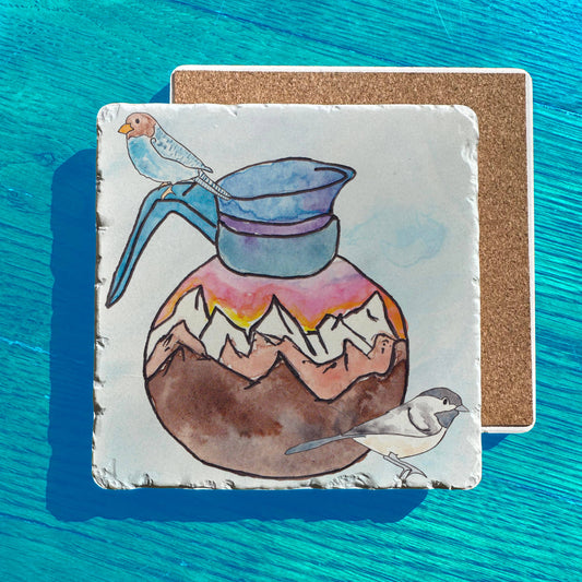 Mountain Coffee Pot Birds Watercolor Tumbled Stone Trivet