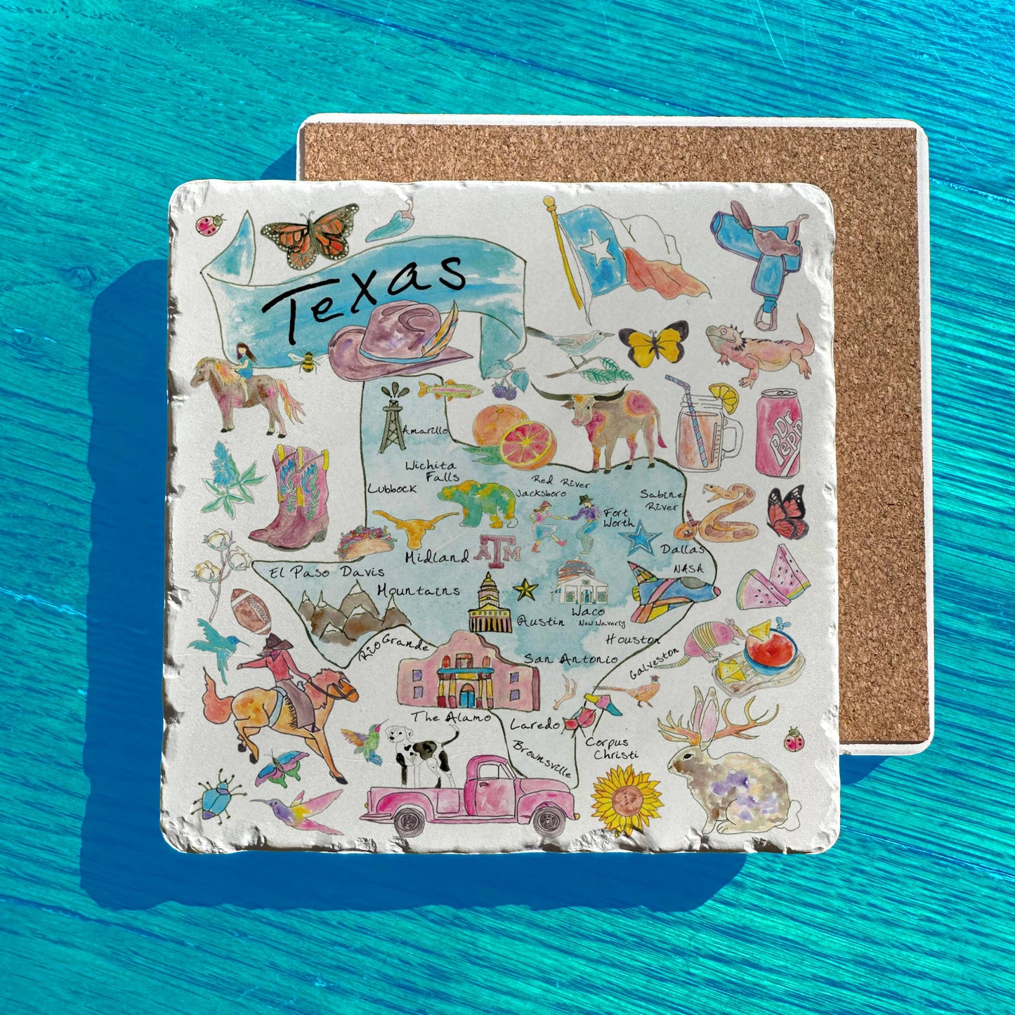 Texas State Icon Map Watercolor Tumbled Edge Stone Trivet