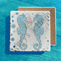 Blue Sea Horse Coastal Watercolor Art Tumbled Stone Trivet