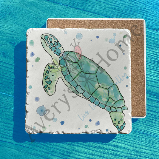 Green Sea Turtle Watercolor Art Tumbled Stone Trivet