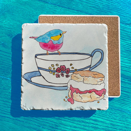 Colorful Bird on a Tea Cup Scone Tumbled Edge Stone Trivet