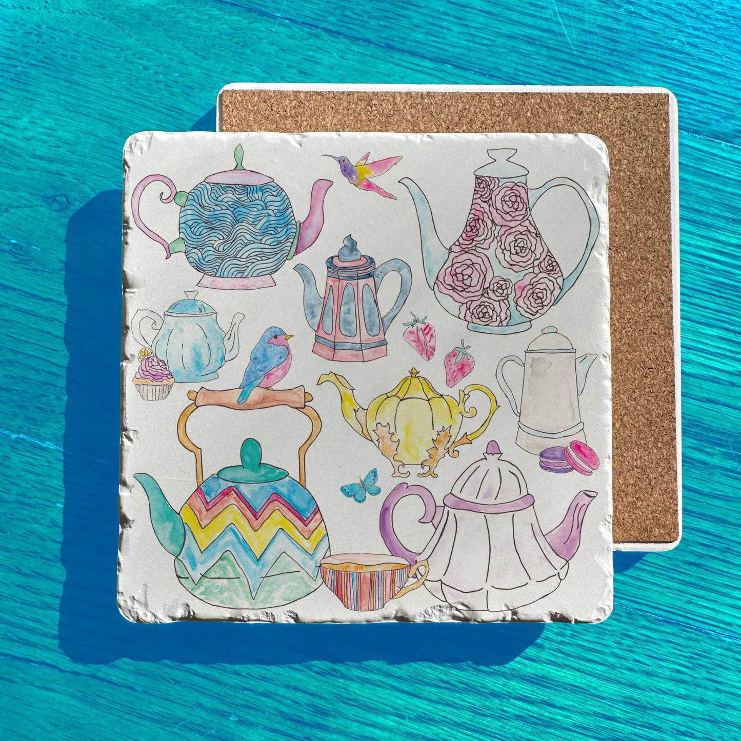 Tea Party Pot Birds Butterflies Art Tumbled Stone Trivet