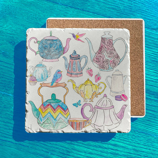 Tea Party Pot Birds Butterflies Art Tumbled Stone Trivet