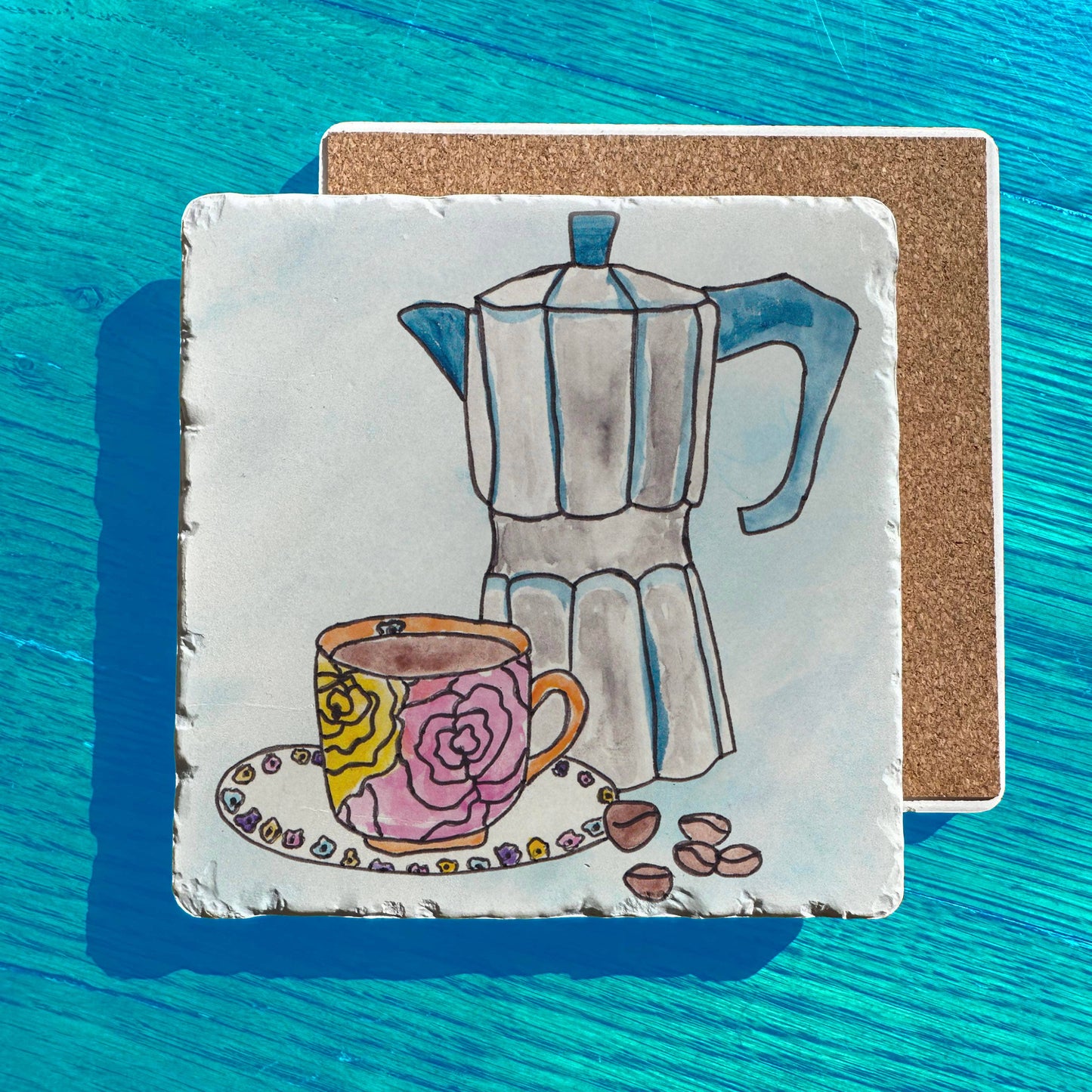 Expresso Coffee Pot Flower Cup Tumbled Edge Stone Trivet