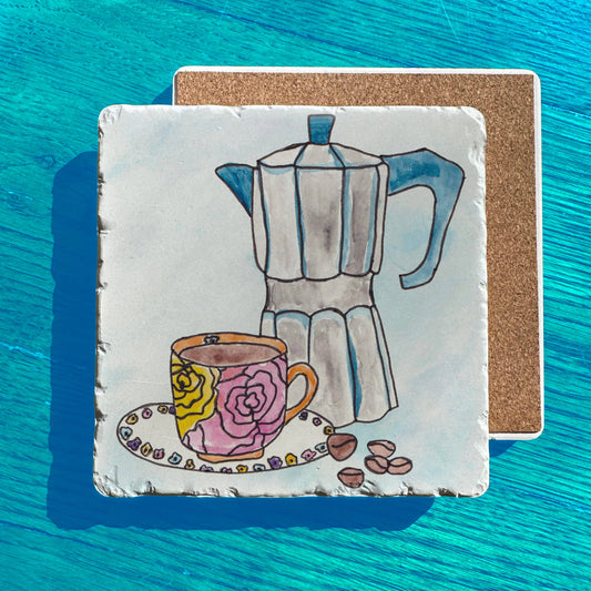 Expresso Coffee Pot Flower Cup Tumbled Edge Stone Trivet