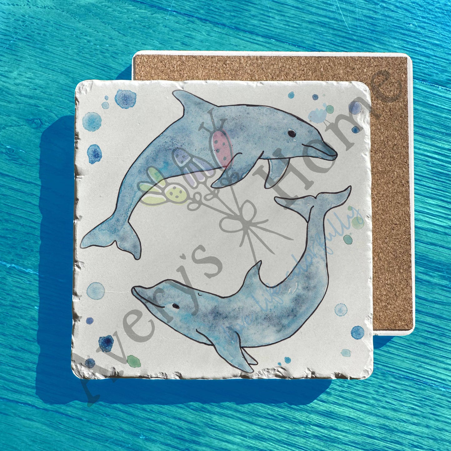 Blue Coastal Watercolor Dolphin Art Tumbled Stone Trivet