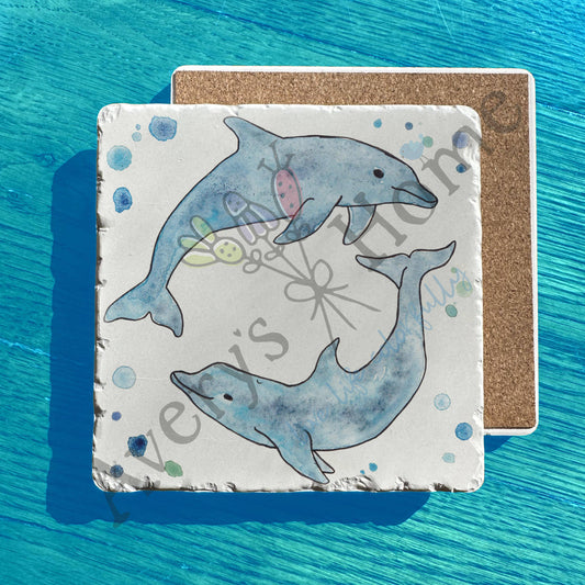 Blue Coastal Watercolor Dolphin Art Tumbled Stone Trivet