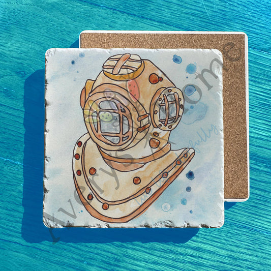 Classic Deep Divers Helmet Watercolor Tumbled Stone Trivet